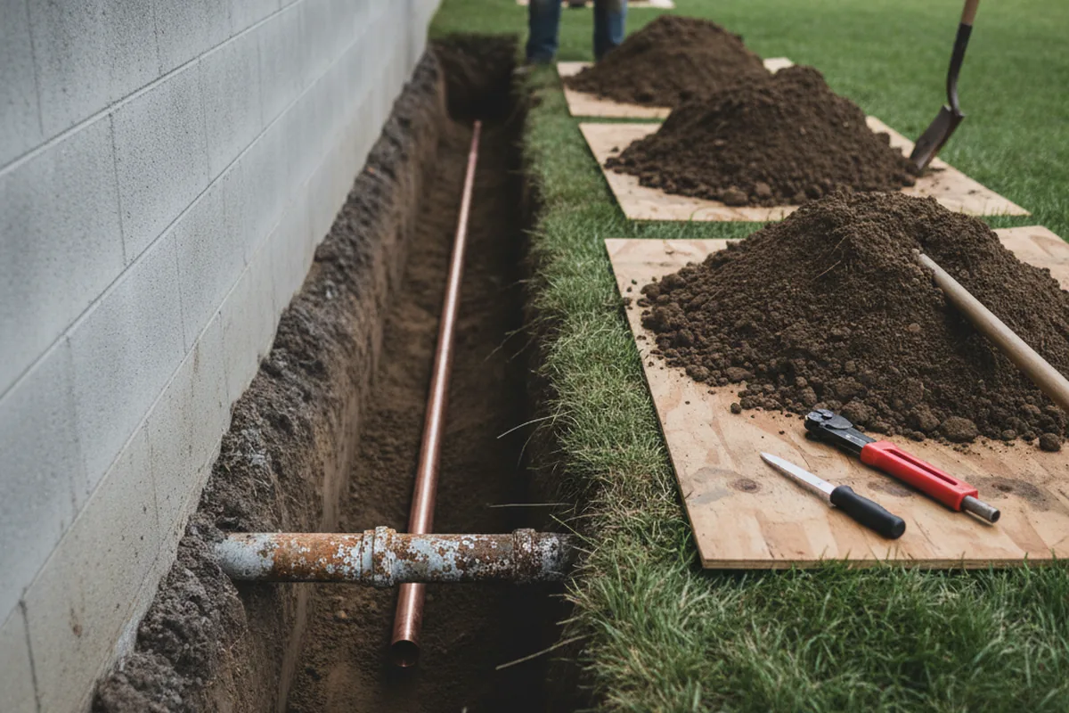 Excavated water line trench during Water Softener Installation in Prague